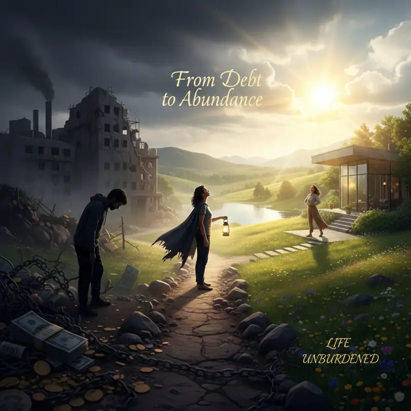 A conceptual illustration showing a person's journey from a dark, ruined landscape filled with chains and debt to a bright, sunlit modern home in a lush green valley, symbolizing financial freedom.Wealth Mindset