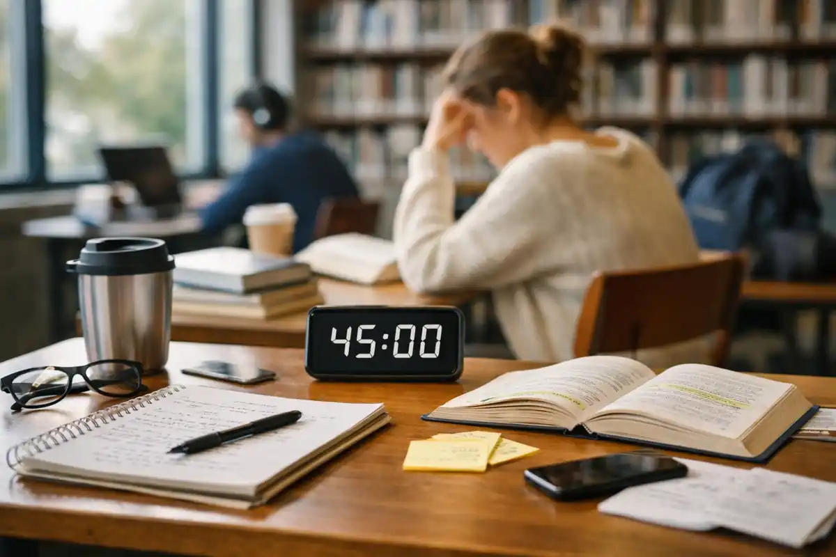 A focused study session in a quiet library, showing books, notes, and a timer on a desk, illustrating how to study without burning out through sustainable study habits.