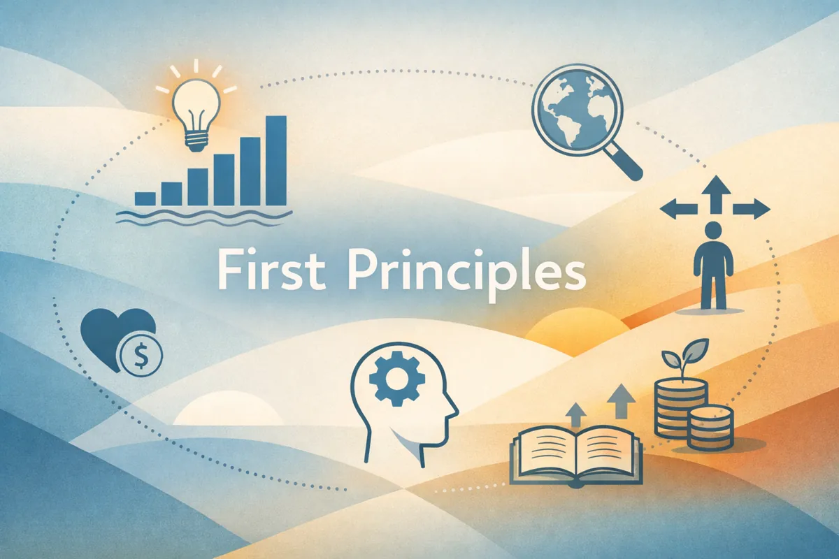 Minimalist abstract illustration representing First Principles thinking, with icons for growth, learning, decision-making, finance, and innovation.
