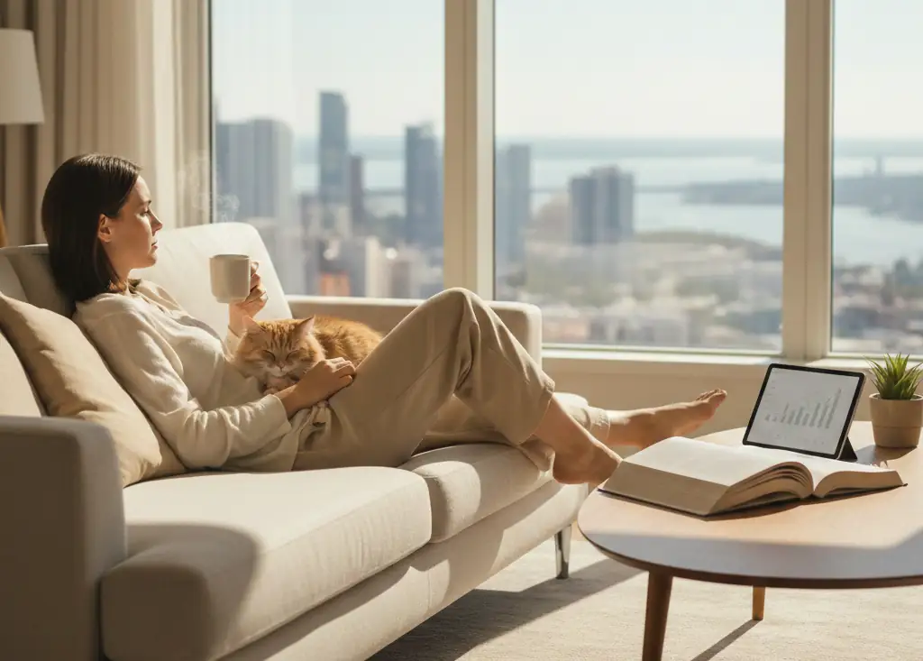 A serene woman relaxing on a sofa with her cat and a cup of coffee, overlooking a city skyline, symbolizing the lifestyle achieved through Financial Freedom and passive income.